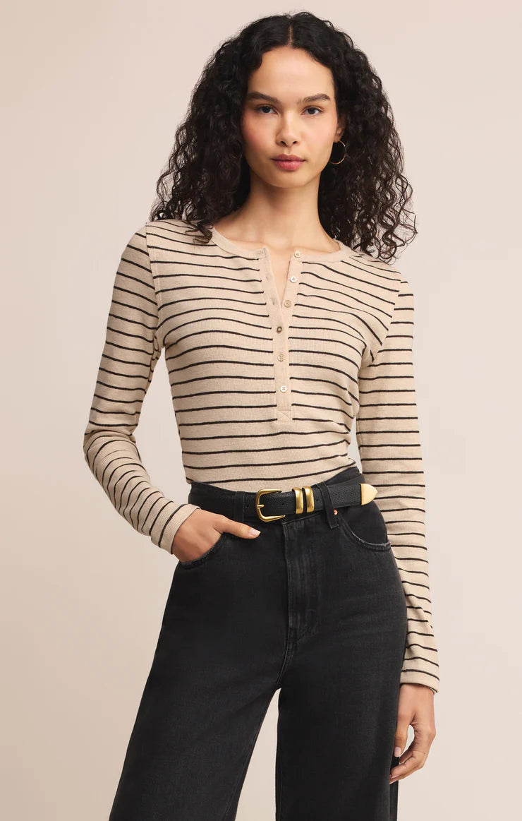 Eve Stripe Henley LS - Light Oatmeal