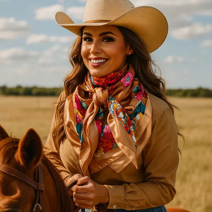 Tan Big Floral Wild Rag / Scarf