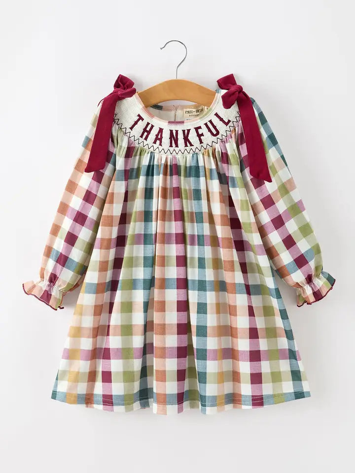 Thanksgiving “Thankful” Embroidered Smocked Plaid Dress