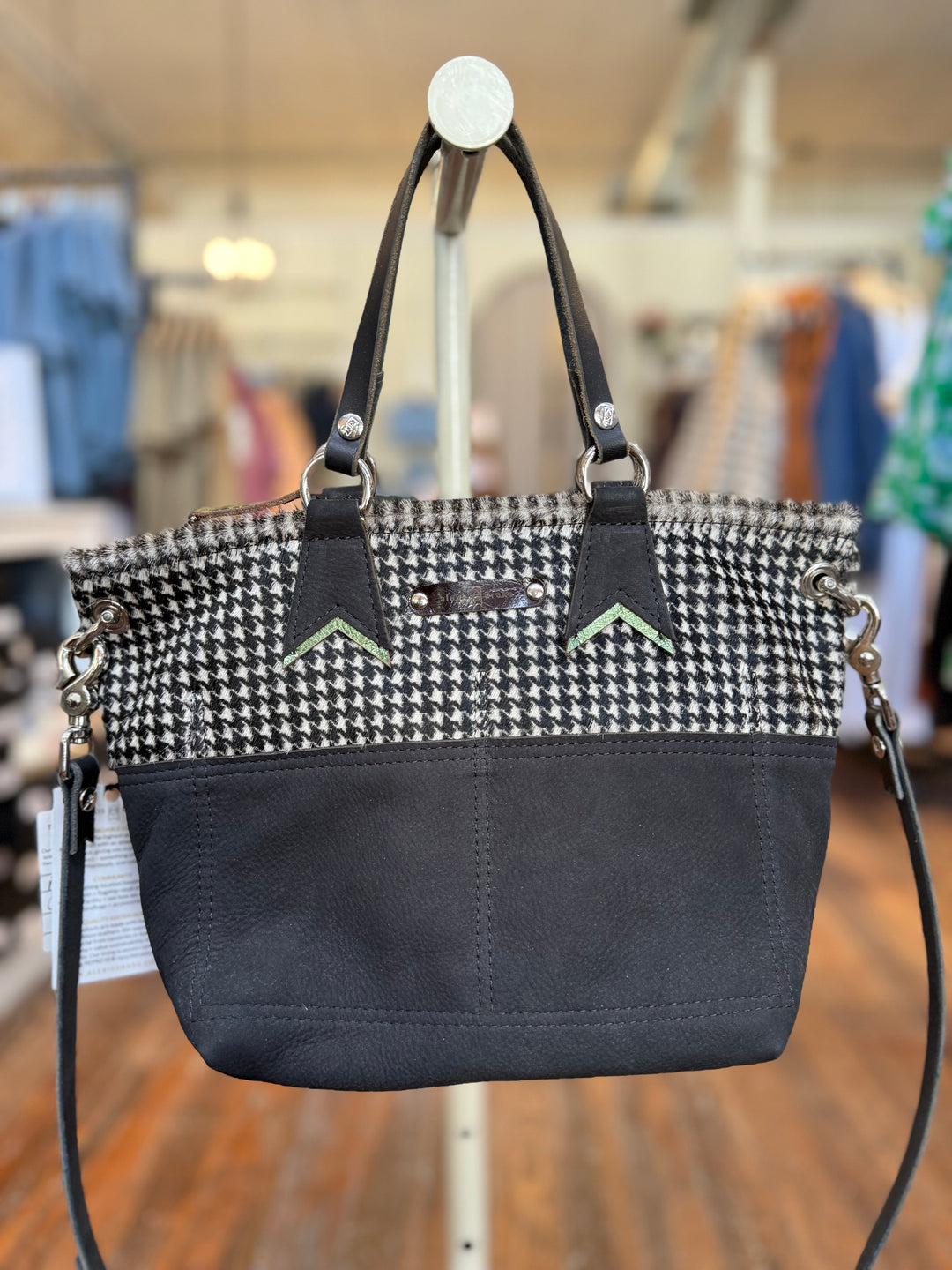 Midnight in Paris Collection | Coco Satchel + Crossbody | Houndstooth Hair-on-Hide + Noir Suede