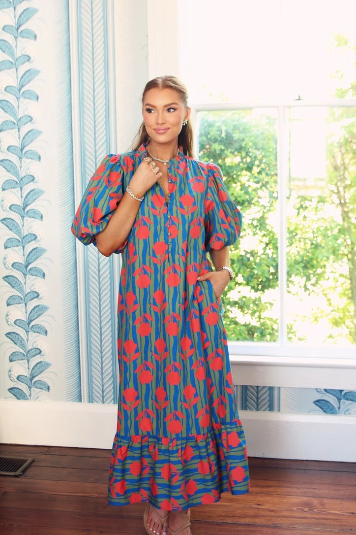 Stripe Mod Floral Puff Sleeve Maxi Dress