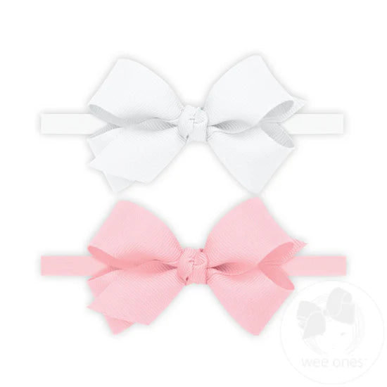 Two Mini Grosgrain Hair bows with Knot Wrap on Matching skinny Nylon Bands