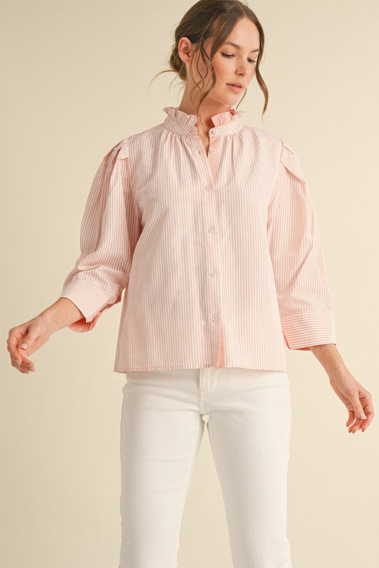 Striped 3/4 Sleeves Button-up Top - Blush