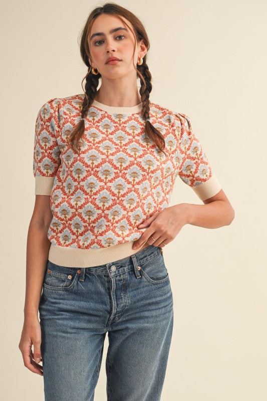 Floral Marlowe Sweater Blouse - Ivory Orange
