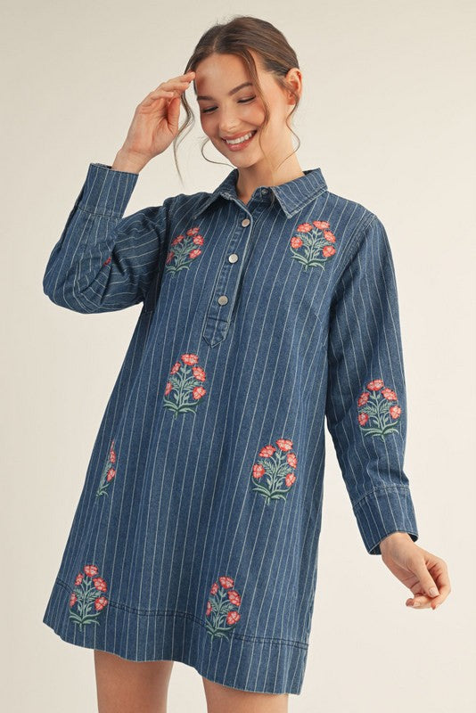 Floral Embroidered Denim Dress
