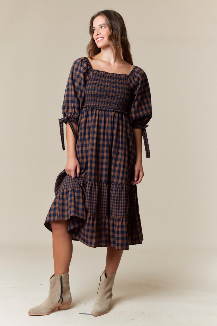 Chestnut & Navy Checker Midi Dress