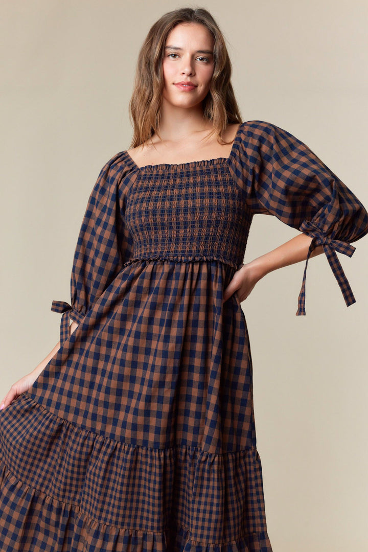 Chestnut & Navy Checker Midi Dress