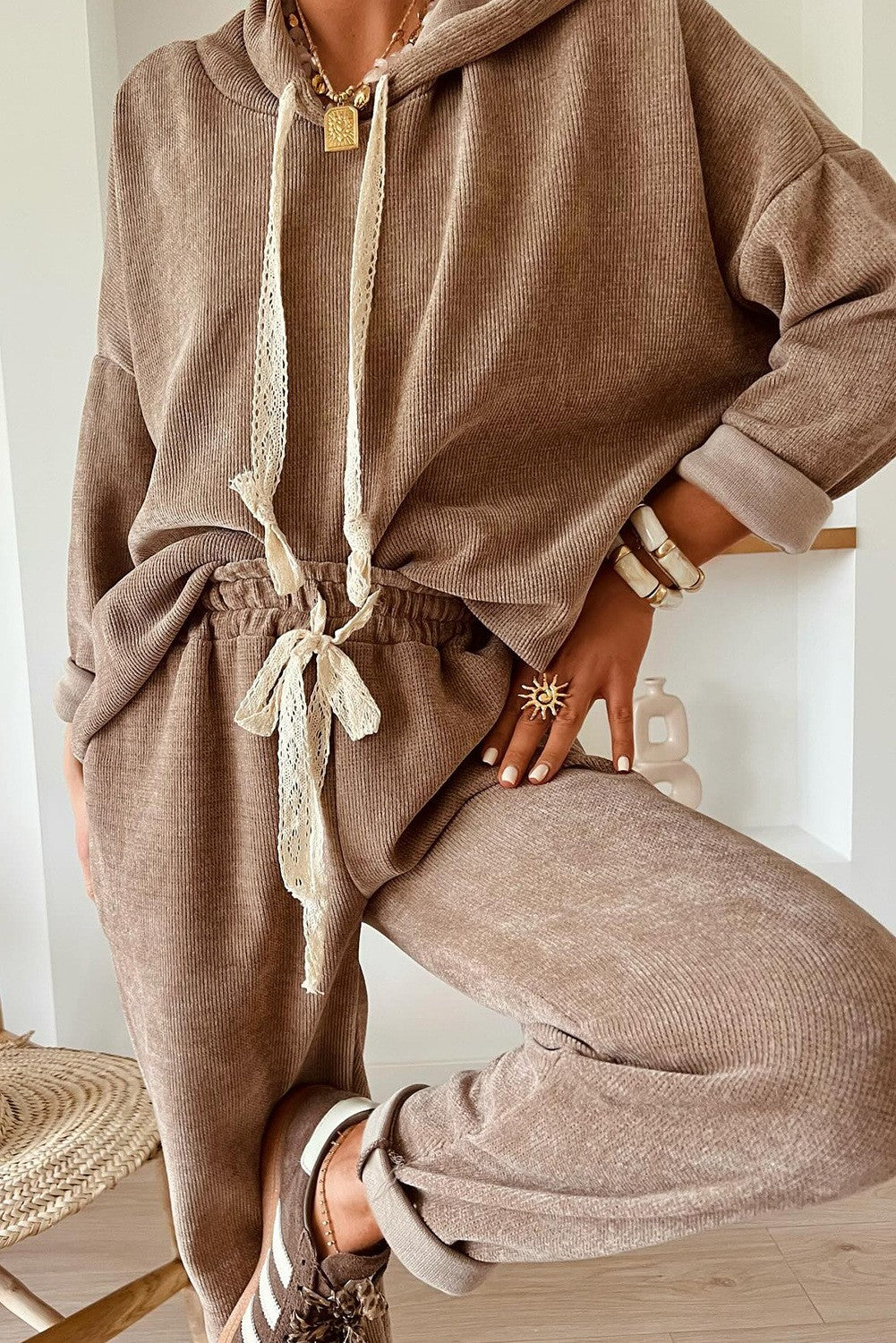 Lace Hoodie And High Waist Pants Corduroy Suit