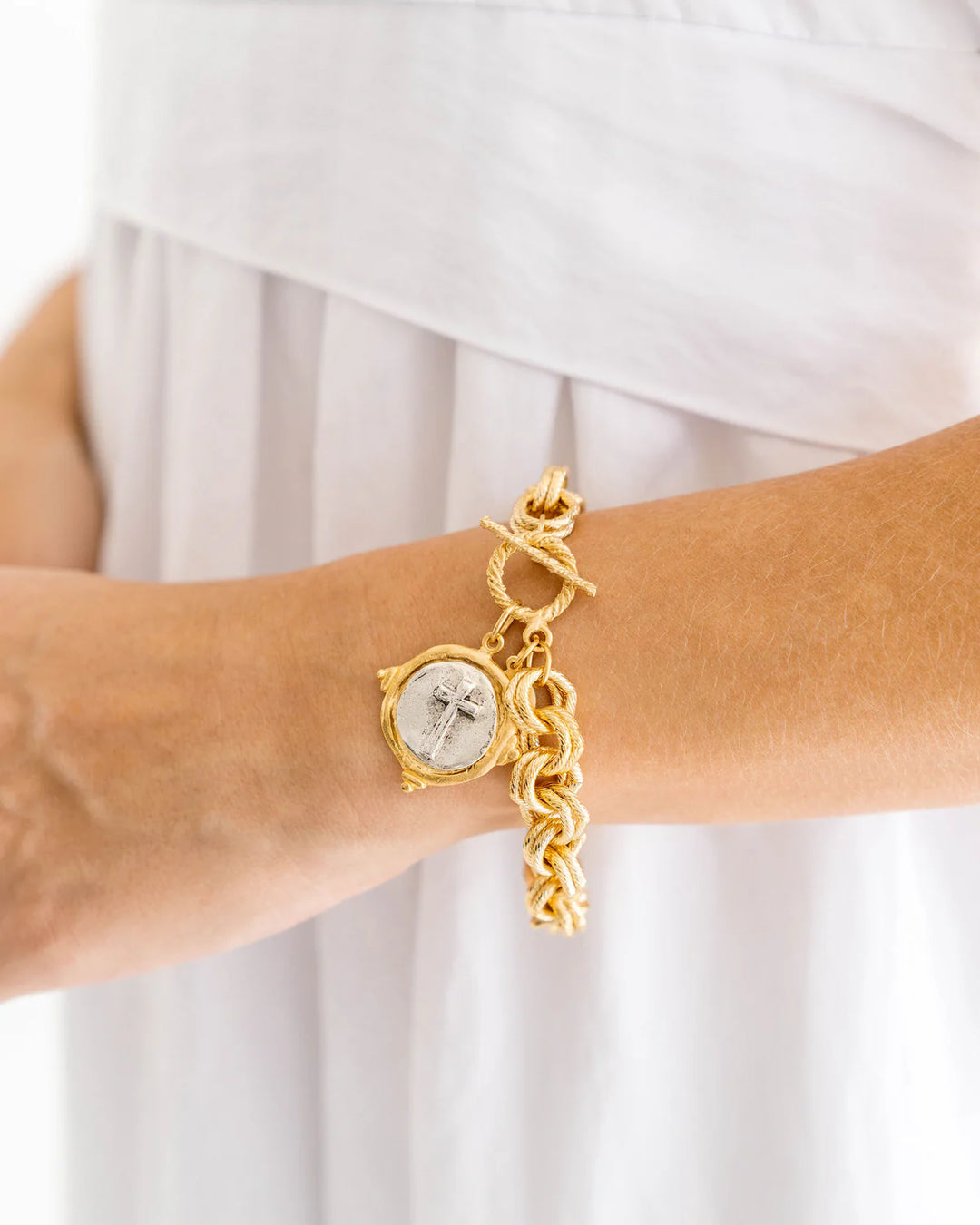 Mixed Metal Cross Toggle Bracelet