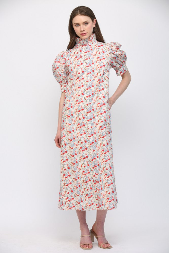 Floral High Ruffled Collar Short Puff Slv Button Down Dress
