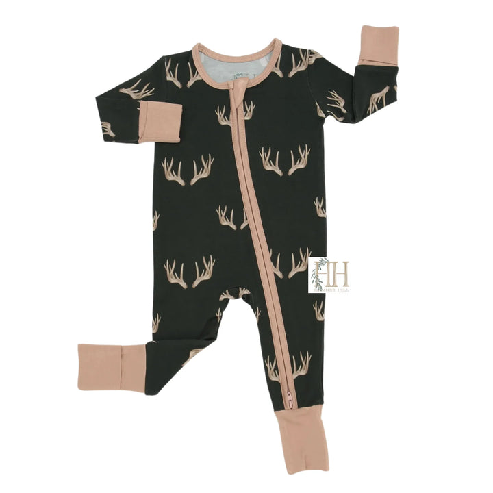Boy's Antler Zipper Romper - Green