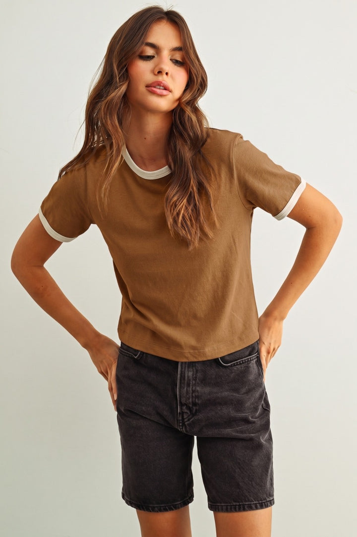 Short Sleeve Ringer Top - Cocoa
