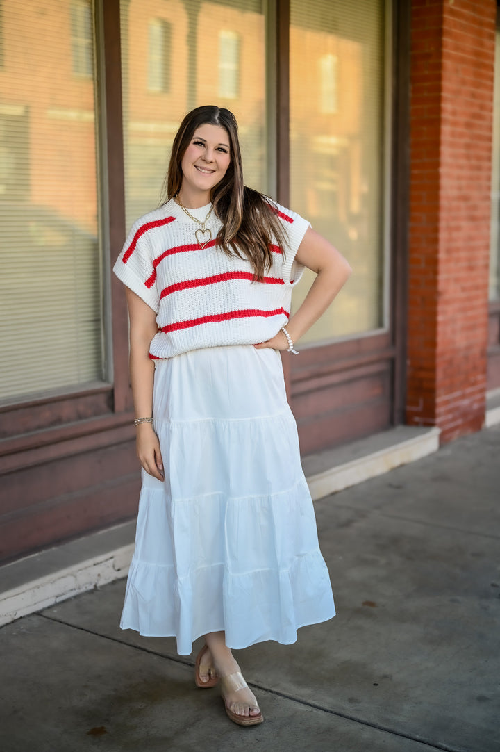 Tiered Sweater Maxi Dress White/White Red Stripe