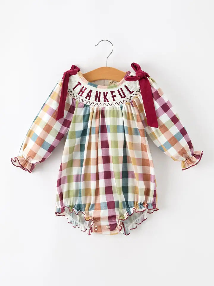 Thanksgiving “Thankful” Embroidered Smocked Plaid Bubble Romper