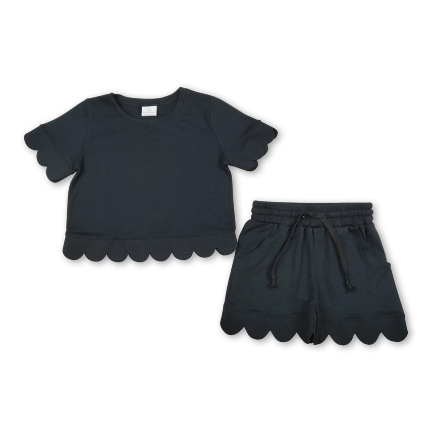 Girls - Short Sleeves Black Scallop Top Shorts