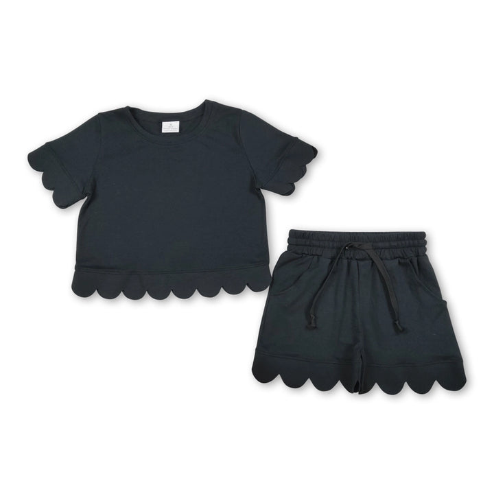 Girls - Short Sleeves Black Scallop Top Shorts