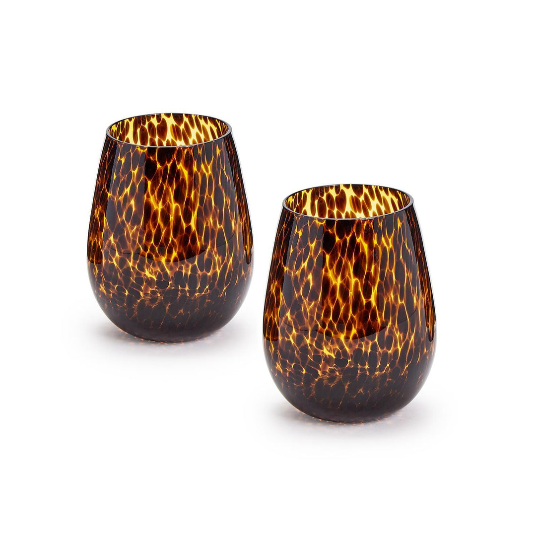 Tortoise Print Stemless Wine Glass Set
