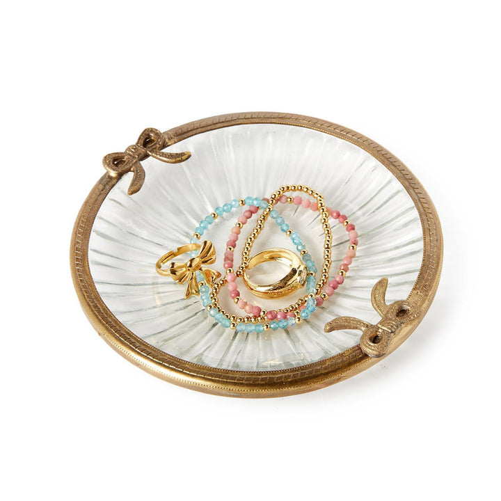 Antique Gold Finish Bow Round Glass Trinket Tray