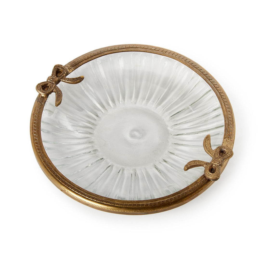 Antique Gold Finish Bow Round Glass Trinket Tray