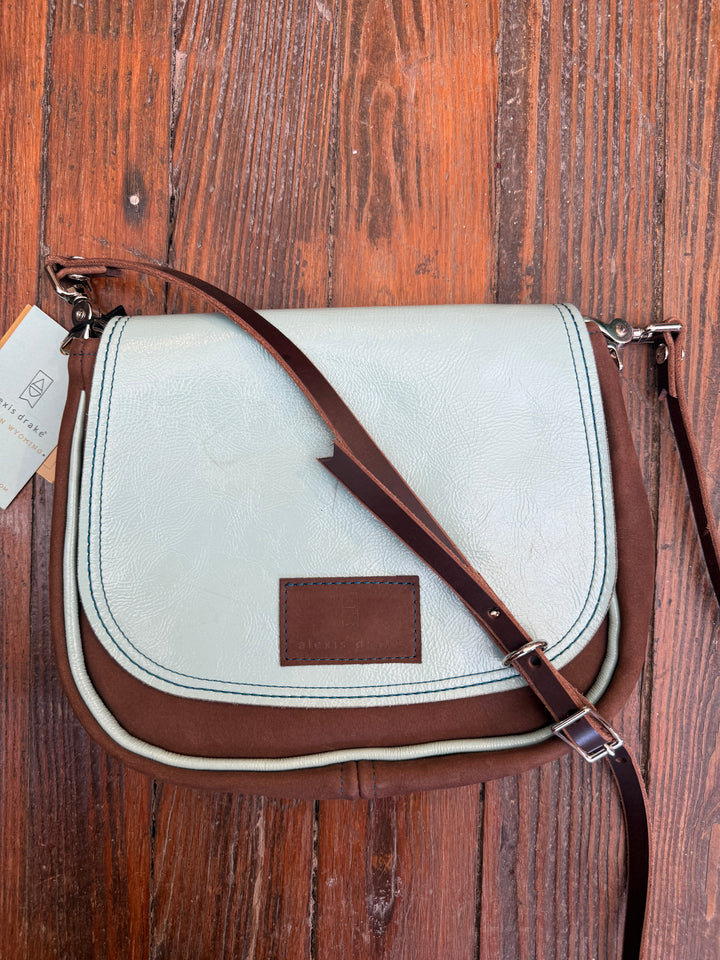 Mini E Crossbody - Mocha Suede + Ice Blue Box