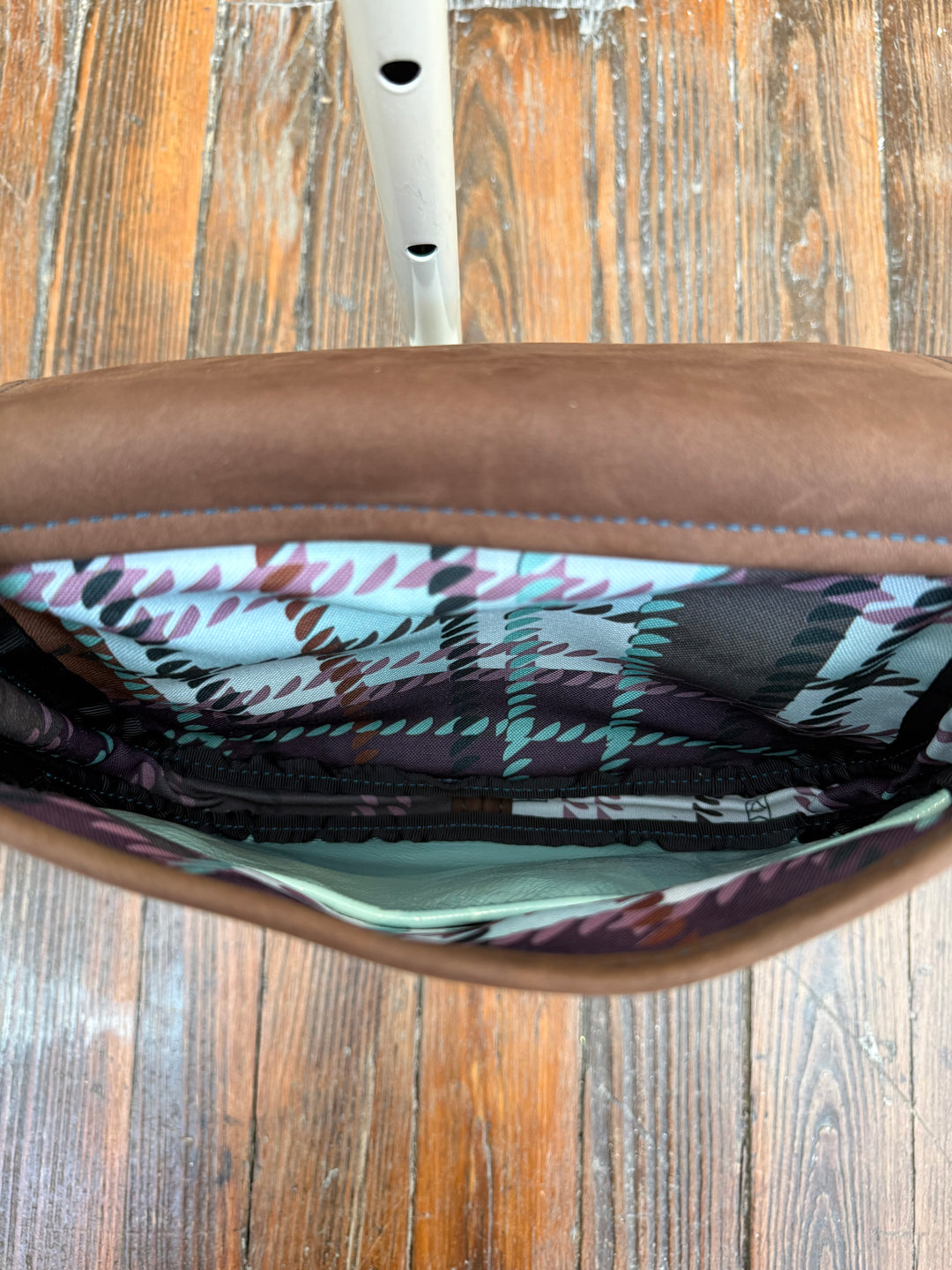 Mini E Crossbody - Mocha Suede + Ice Blue Box