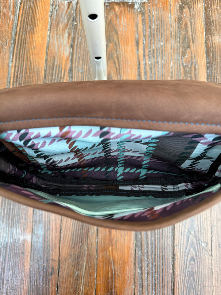 Mini E Crossbody - Mocha Suede + Ice Blue Box