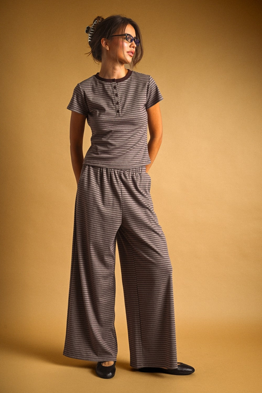 Relaxed Pinstripe Henley Two-Piece Set