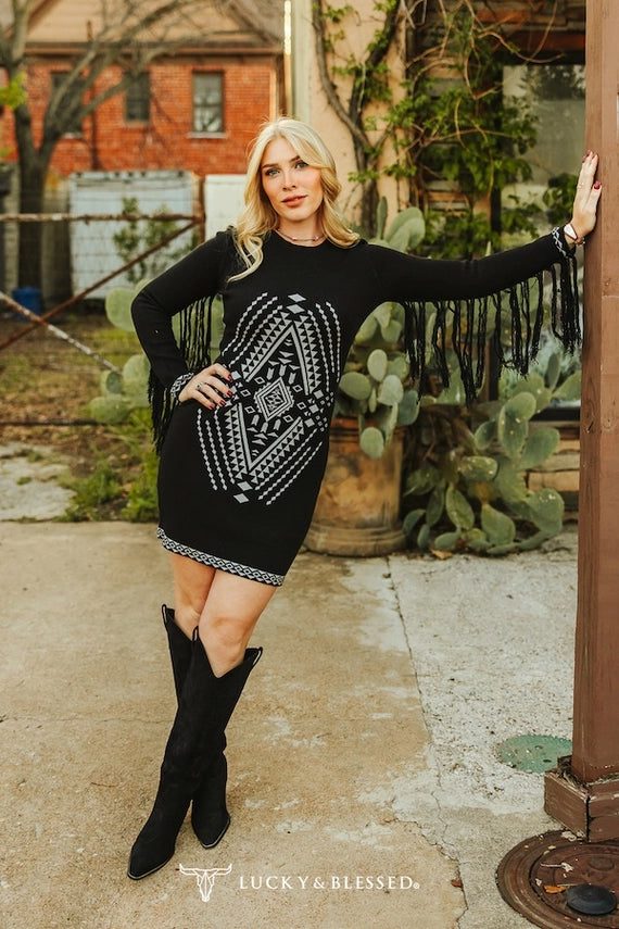 Aztec Knitted Fringe Sweater Dress