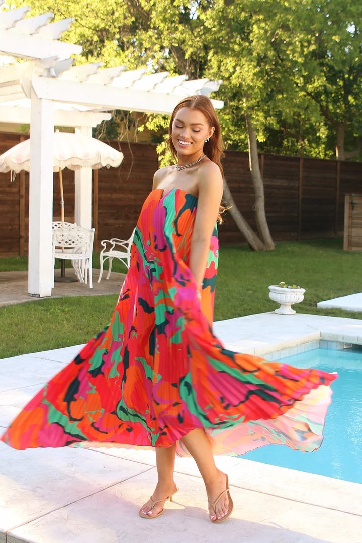 Swirl Satin Bustier Pleat Dress