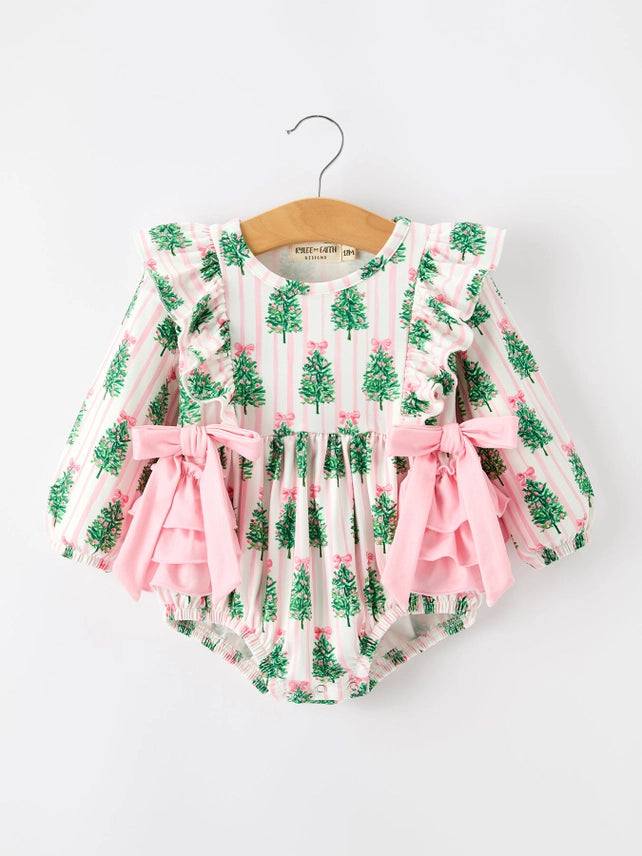 Christmas Tree Print Ruffle Bow Baby Girl Bubble Romper