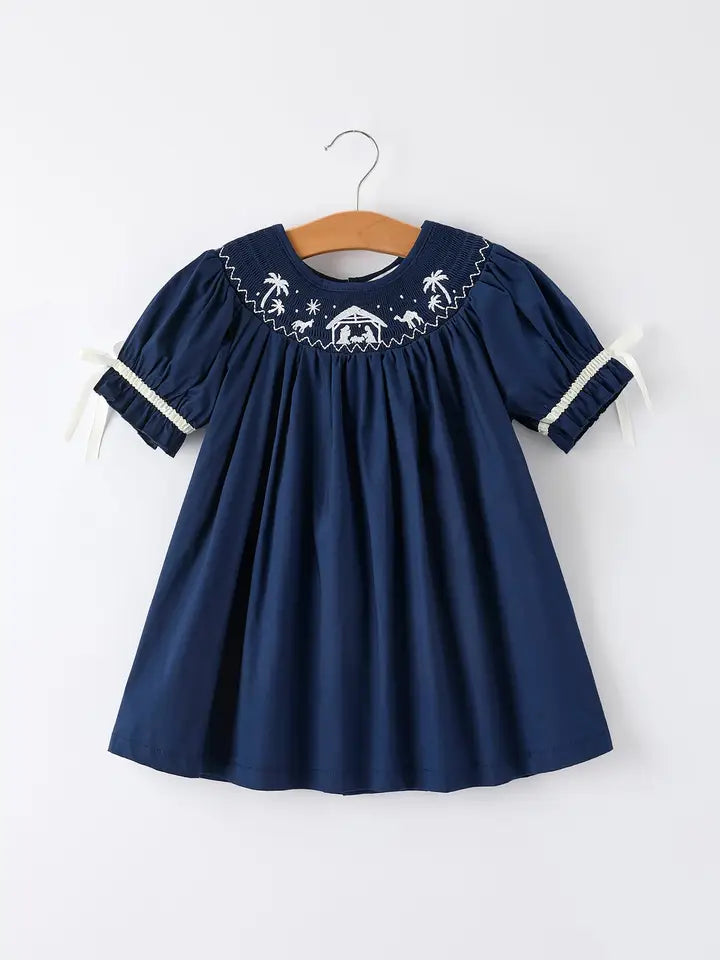 Christmas Navy Blue Nativity Smocking Embroidered Dress
