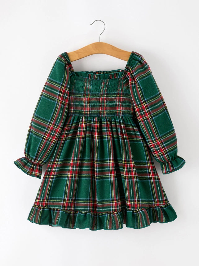 Christmas Green Plaid Dress - Girls