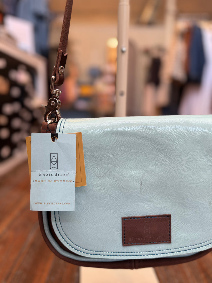 Mini E Crossbody - Mocha Suede + Ice Blue Box