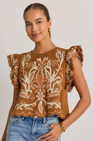 Flutter Sleeve Suede Embroidery Detail Top