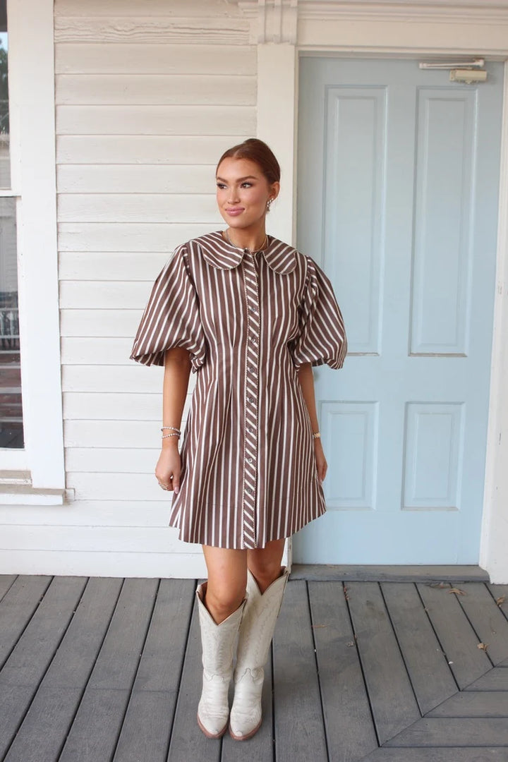 Stripe Scallop Puff Slv Shirt Dress