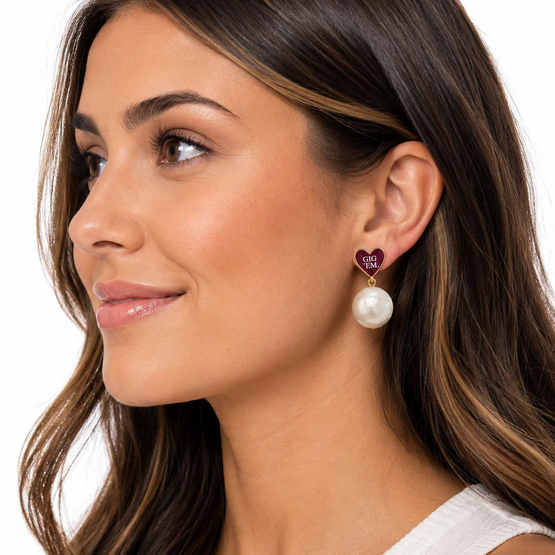 Texas A&M Heart Pearl Drop Earrings