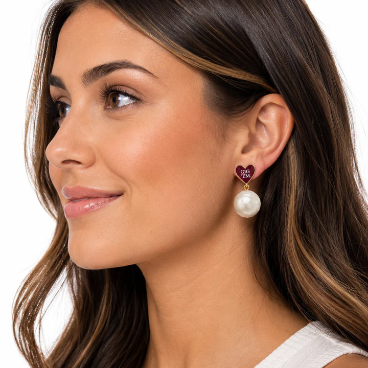 Texas A&M Heart Pearl Drop Earrings