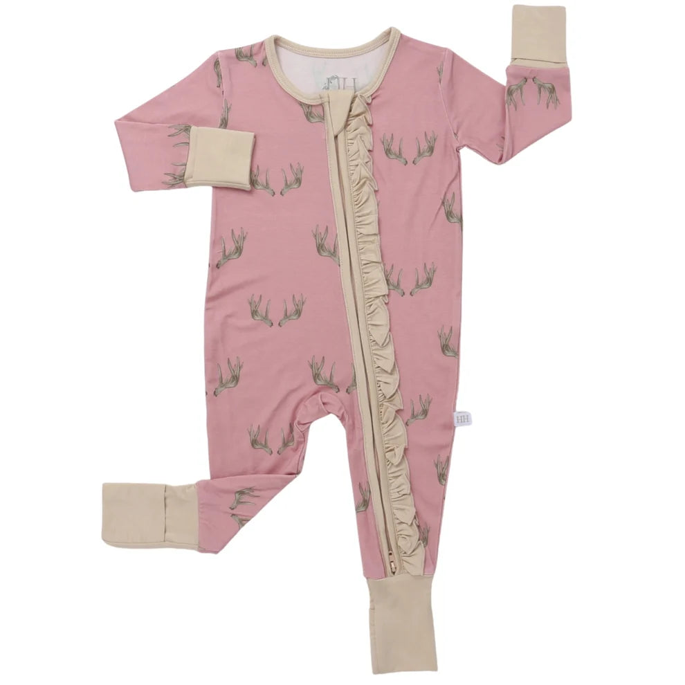 Girls Ruffle Pink Antler Zipper Romper