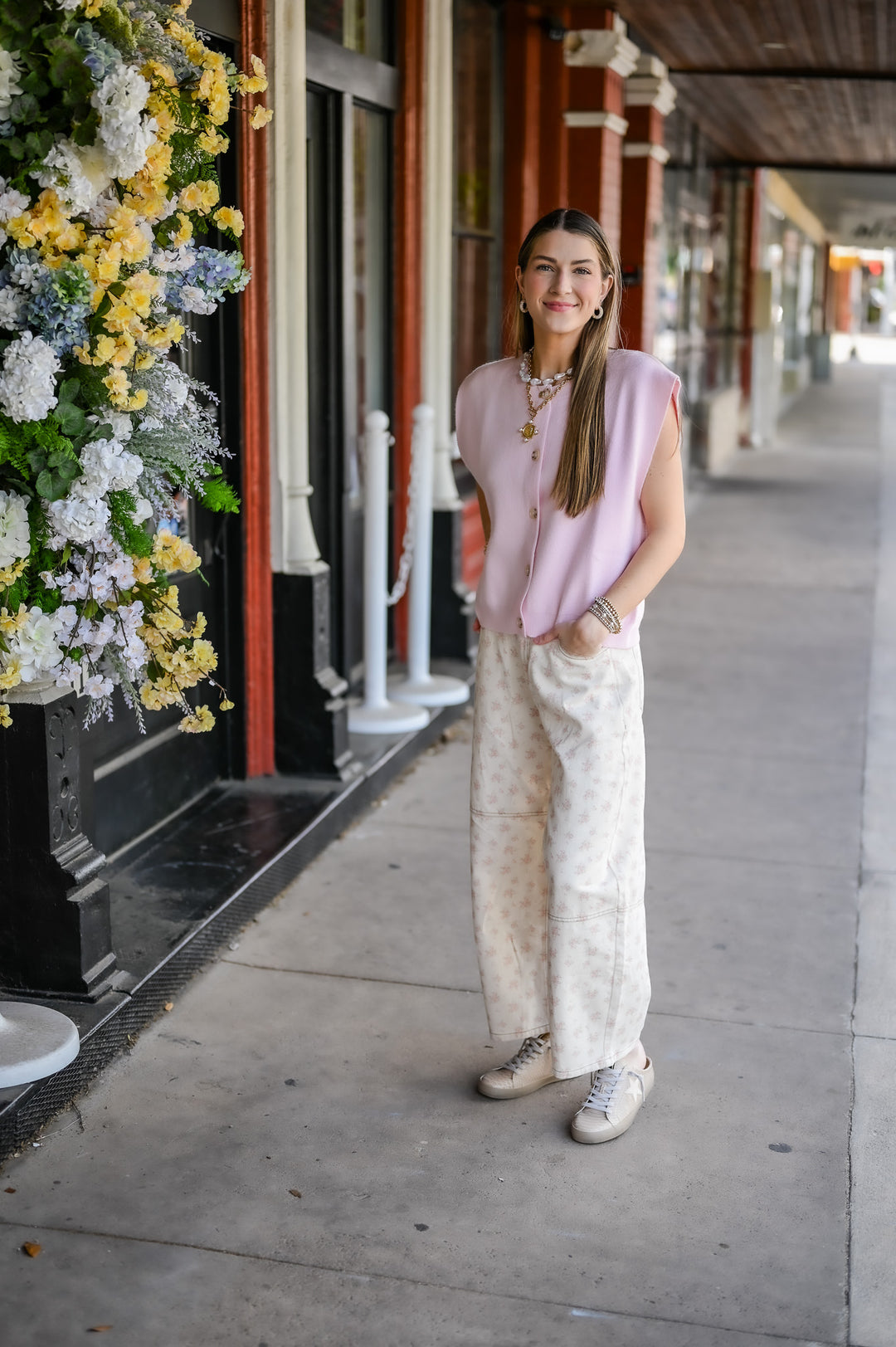 Ditsy Flower Printed Twill Denim Washed Barrel Pants