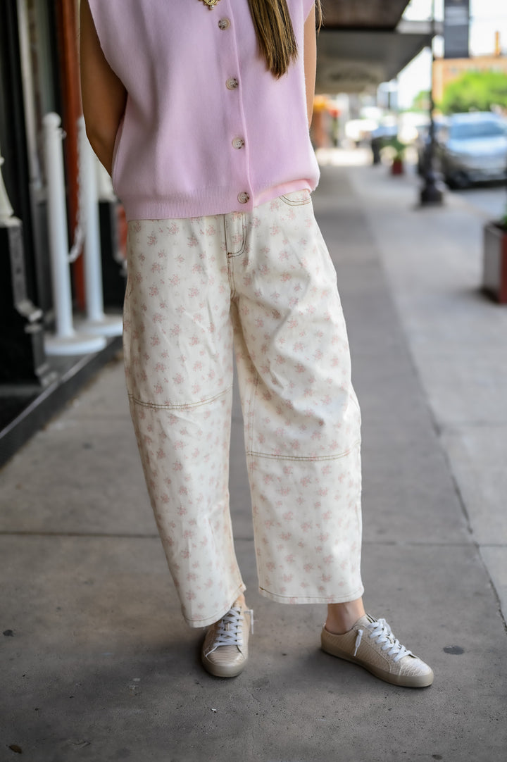 Ditsy Flower Printed Twill Denim Washed Barrel Pants