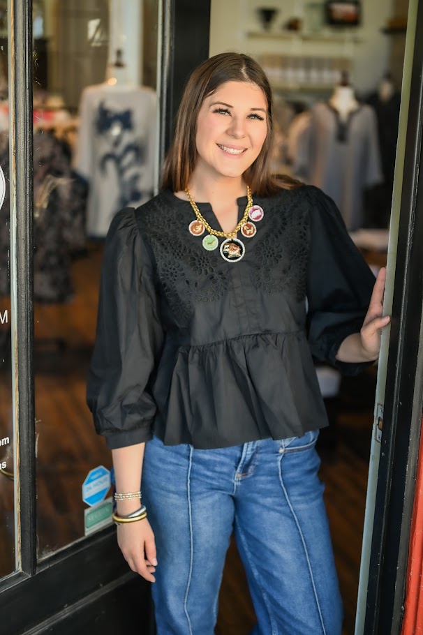 Eyelet Accent Peplum Top - Black