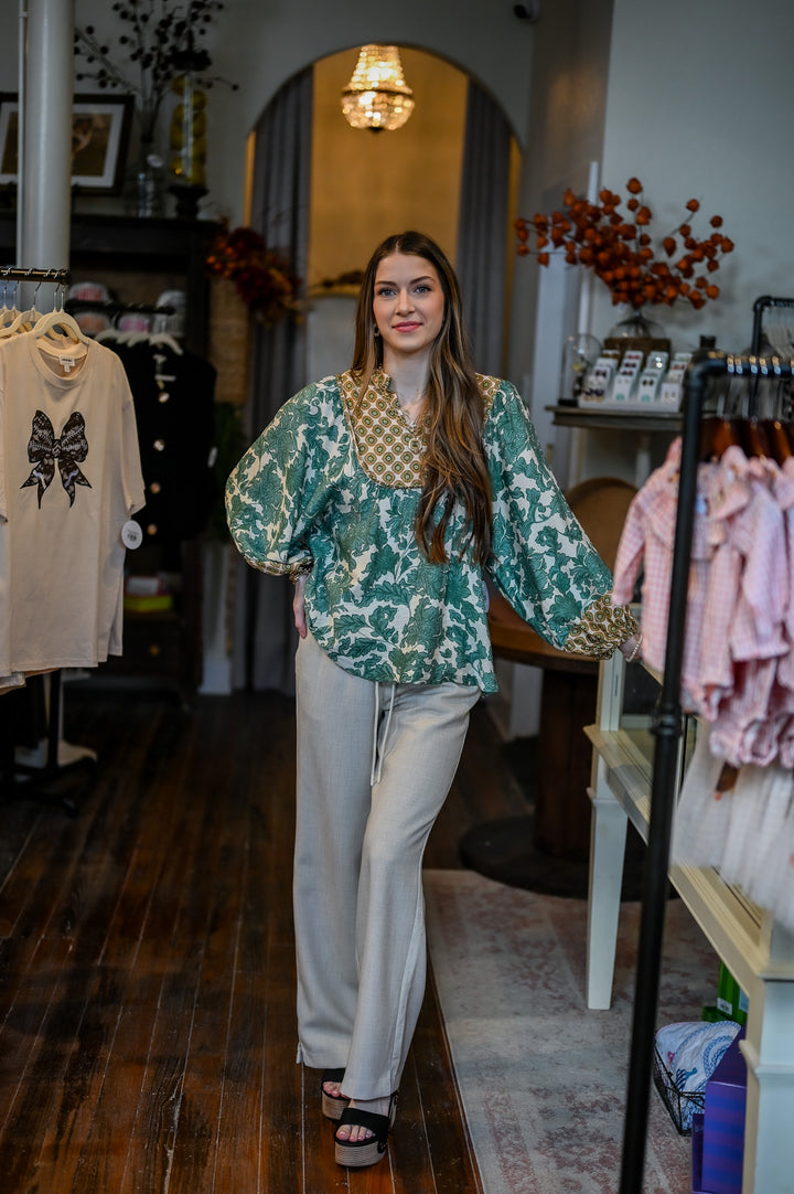 Abstract Print Long Sleeve Top - Green
