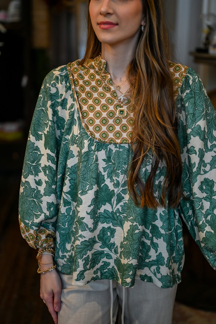 Abstract Print Long Sleeve Top - Green
