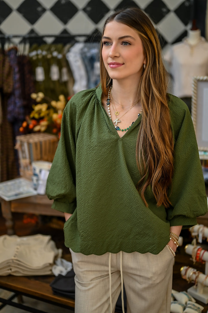 Split V Neck Top - Olive
