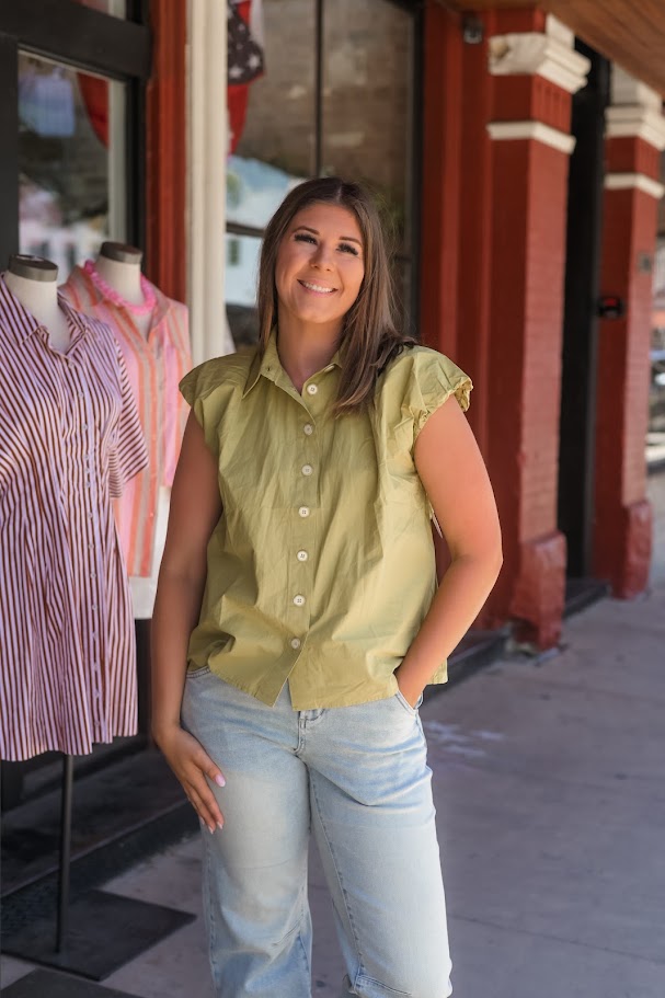 Solid Poplin Bubble Slv Button Top