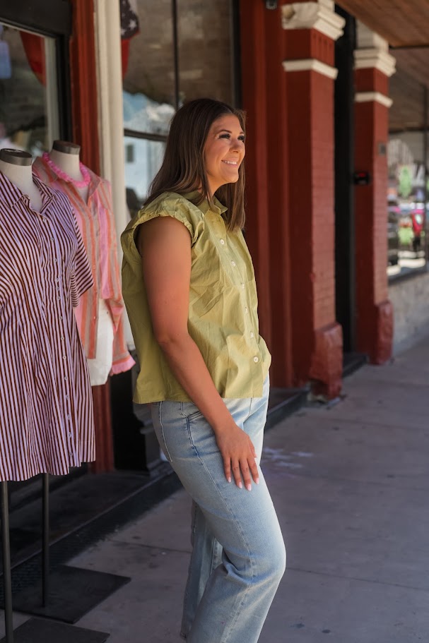 Solid Poplin Bubble Slv Button Top
