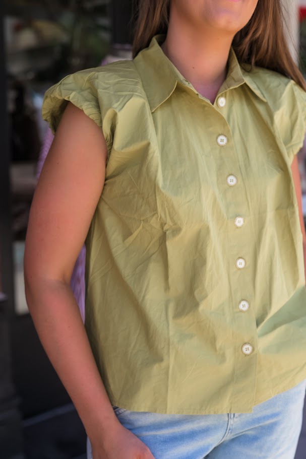 Solid Poplin Bubble Slv Button Top