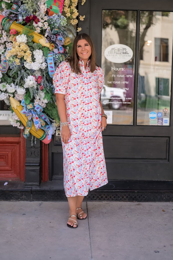 Floral High Ruffled Collar Short Puff Slv Button Down Dress