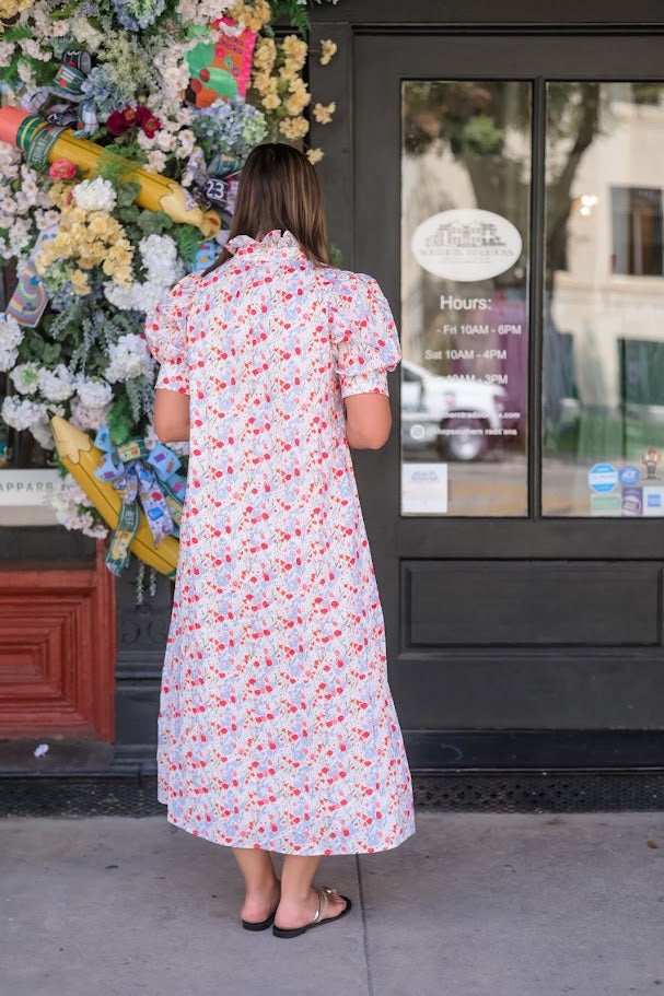 Floral High Ruffled Collar Short Puff Slv Button Down Dress