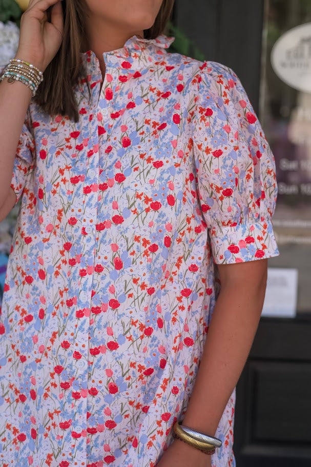 Floral High Ruffled Collar Short Puff Slv Button Down Dress